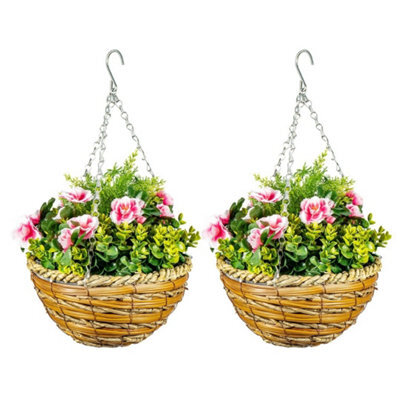 Set Of 2 Artificial Plants, Faux Silk Lavender Flowers In Hanging Basket - Pink - image 1