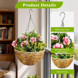 Set Of 2 Artificial Plants, Faux Silk Lavender Flowers In Hanging Basket  - Pink - thumbnail 3