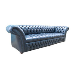 Chesterfield 4 Seater Sofa Buttoned Seat Antique Blue Leather Dbb In Balmoral Style - thumbnail 2