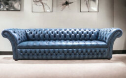 Chesterfield 4 Seater Sofa Buttoned Seat Antique Blue Leather Dbb In Balmoral Style - thumbnail 3