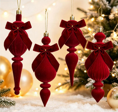 Amorly 4Pcs Red Flocked Christmas Finial Ornaments, Velvet Bow Spindle Drop Hanging Baubles For Holiday Party Home Window Decor - image 1