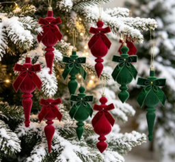 Amorly 4Pcs Red Flocked Christmas Finial Ornaments, Velvet Bow Spindle Drop Hanging Baubles For Holiday Party Home Window Decor - thumbnail 4