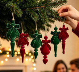 Amorly 4Pcs Red Flocked Christmas Finial Ornaments, Velvet Bow Spindle Drop Hanging Baubles For Holiday Party Home Window Decor - thumbnail 5