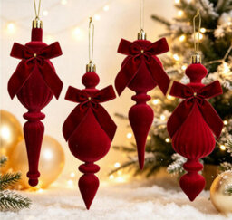 Amorly 4Pcs Red Flocked Christmas Finial Ornaments, Velvet Bow Spindle Drop Hanging Baubles For Holiday Party Home Window Decor - thumbnail 1