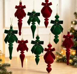 Amorly 4Pcs Red Flocked Christmas Finial Ornaments, Velvet Bow Spindle Drop Hanging Baubles For Holiday Party Home Window Decor - thumbnail 2