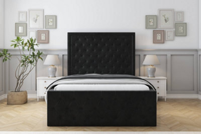 "Sloomy Vienna Black Plush Bed Frame With Mattress With 50"" Upholstered Headboard 2'6 Small Single" - image 1