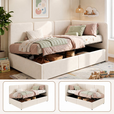 Btm 3Ft Velvet Ottoman Daybed With Storage, Reversible Chaise Design, Hydraulic Lift Bed Frame, Beige, 90X190Cm - image 1
