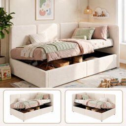Btm 3Ft Velvet Ottoman Daybed With Storage, Reversible Chaise Design, Hydraulic Lift Bed Frame, Beige, 90X190Cm - thumbnail 1