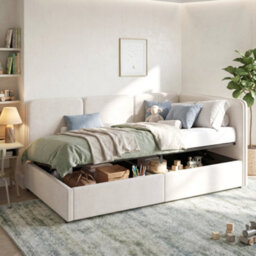 Btm 3Ft Velvet Ottoman Daybed With Storage, Reversible Chaise Design, Hydraulic Lift Bed Frame, Beige, 90X190Cm - thumbnail 3