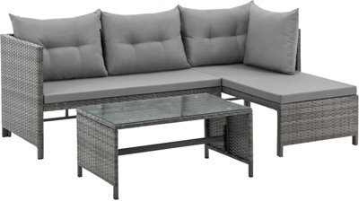 New - Evre Tulum 3 Seater Grey Garden Furniture Set Rattan Corner Sofa With Glass Coffee Table & Thick Cushions
