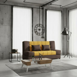 Sofa Bed With Sleeping Function And Storage Sonia Brown And Yellow Fabric Click Clack Reversible Living Room - thumbnail 2