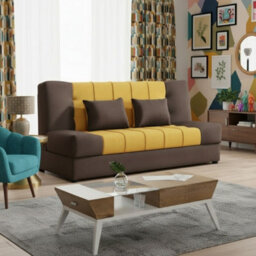 Sofa Bed With Sleeping Function And Storage Sonia Brown And Yellow Fabric Click Clack Reversible Living Room - thumbnail 1