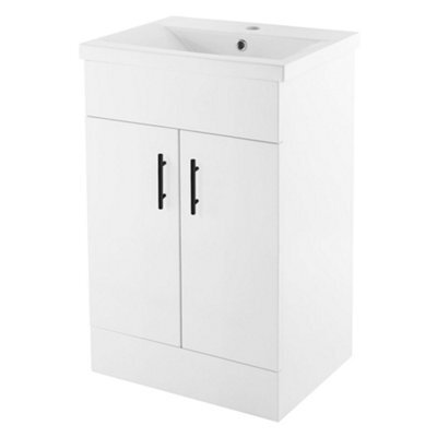 Bubly Bathrooms 500mm White Gloss Bathroom Vanity Unit With Ceramic Basin & Soft-Close Doors, Black Handles - image 1