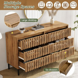 Merax Chest Of Drawers 120X40X81 Cm, 6 Drawer Chest, Storage Cabinet With Openwork Front, Handleless Design & 5 Legs, Natural - thumbnail 5