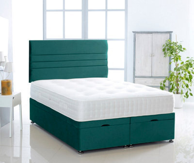 Comfy Deluxe Green Plush Foot Lift Ottoman Bed With Memory Spring Mattress And  Horizontal  Headboard 3Ft Single - image 1