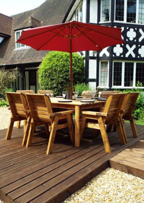 Charles Taylor 8 Seater Wooden Square Garden Dining Table & Chairs Parasol Red - image 1