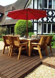 Charles Taylor 8 Seater Wooden Square Garden Dining Table & Chairs Parasol Red - thumbnail 1