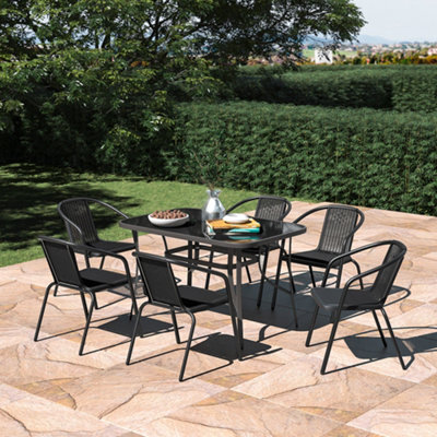 Living And Home Set Of 7 Black 6 Seater Garden Furniture Set Patio Glass Rectangular Umbrella Table And Stackable Chairs Set 120 Cm - image 1
