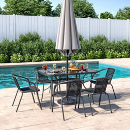 Living And Home Set Of 7 Black 6 Seater Garden Furniture Set Patio Glass Rectangular Umbrella Table And Stackable Chairs Set 120 Cm - thumbnail 2