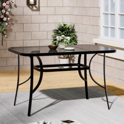 Living And Home Set Of 7 Black 6 Seater Garden Furniture Set Patio Glass Rectangular Umbrella Table And Stackable Chairs Set 120 Cm - thumbnail 4