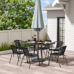 Living And Home Set Of 7 Black 6 Seater Garden Furniture Set Patio Glass Rectangular Umbrella Table And Stackable Chairs Set 120 Cm - thumbnail 3