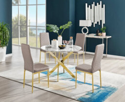 Furniturebox Novara White Marble Effect 100Cm Round Dining Table With Gold Starburst Legs & 4 Beige Milan Faux Leather Chairs
