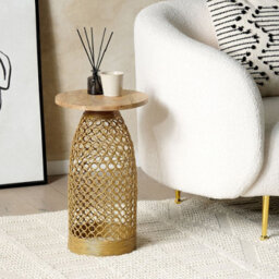 Wyld And Coco 30Cm Round Side Table - Mango Wood Top With Gold Geometric Metal Base - thumbnail 2
