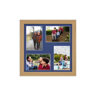 AK Frames 12X12 Light Oak Modern Multi Photo Frame With Blue Mount - Holds 4 Apertures (4X) 6X4 Photos - image 1