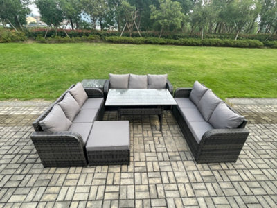 Fimous Patio Rattan Garden Furniture Set With Oblong Dining Table Big Footstool Side Table 10 Seater Outdoor Lounge Sofa Set - image 1
