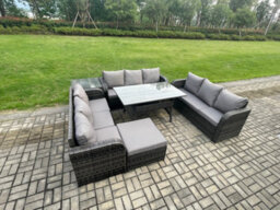 Fimous Patio Rattan Garden Furniture Set With Oblong Dining Table Big Footstool Side Table 10 Seater Outdoor Lounge Sofa Set - thumbnail 2