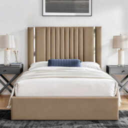 UKBEDFURNITURE Valencia Beige Plush Valvet Upholstered Gas Lift Ottoman Storage Bed With 10 Inch Orthopedic Mattres - 48 Inch Headboard - thumbnail 1