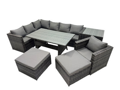 Fimous Outdoor Pe Rattan Sofa Set With Dining Table Patio Garden Furniture Sets With Side Table 2 Big Stool Dark Grey Mixed - image 1