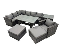 Fimous Outdoor Pe Rattan Sofa Set With Dining Table Patio Garden Furniture Sets With Side Table 2 Big Stool Dark Grey Mixed - thumbnail 1