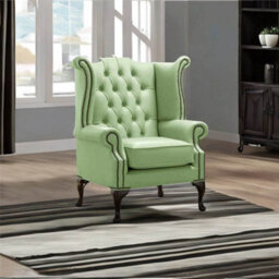 Chesterfield High Back Wing Chair Shelly Pea Green Leather Bespoke In Queen Anne Style - thumbnail 3