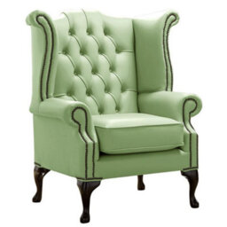 Chesterfield High Back Wing Chair Shelly Pea Green Leather Bespoke In Queen Anne Style