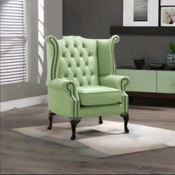 Chesterfield High Back Wing Chair Shelly Pea Green Leather Bespoke In Queen Anne Style - thumbnail 2