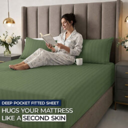 Aspire Homeware Olive Green Stripe Fitted Sheet 40Cm Extra Deep-100%microfiber Fitted Bed Sheets Double, (L)190Cmx(W)137Cm - thumbnail 5