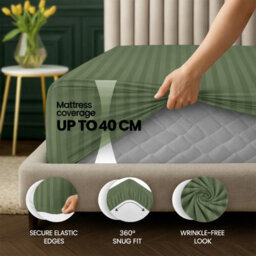Aspire Homeware Olive Green Stripe Fitted Sheet 40Cm Extra Deep-100%microfiber Fitted Bed Sheets Double, (L)190Cmx(W)137Cm - thumbnail 2