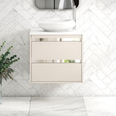 Royal Bathrooms Orion 600mm Warm Taupe Wall Hung Plain White Countertop Vanity Unit 2 Drawer With Nova Basin & Chrome Accent Trim - image 1