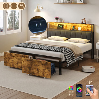 Matteo 4Ft6 Double Bed Frame With Storage, Rgb Led Headboard & Charging Station - Black & Walnut Metal Platform Bed - image 1