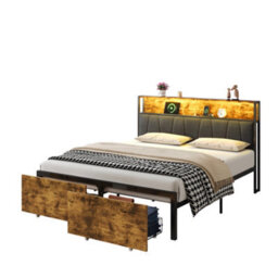 Matteo 4Ft6 Double Bed Frame With Storage, Rgb Led Headboard & Charging Station - Black & Walnut Metal Platform Bed - thumbnail 9