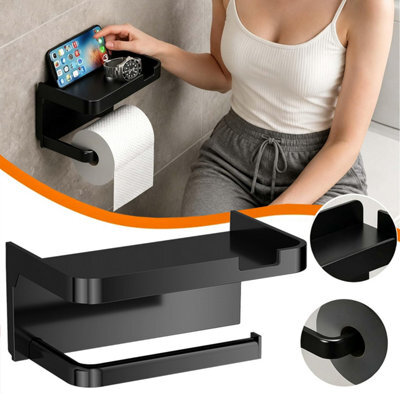 CLEFFNS Adhesive Wall Toilet Paper Box With Storage Shelf, No Drill Wall Mount Roll Tissue Holder For Bathroom, Black - image 1
