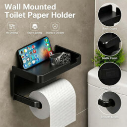 CLEFFNS Adhesive Wall Toilet Paper Box With Storage Shelf, No Drill Wall Mount Roll Tissue Holder For Bathroom, Black - thumbnail 2