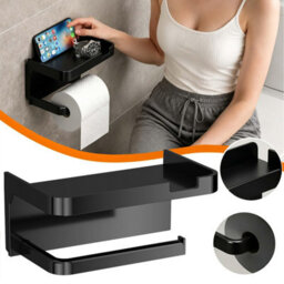 CLEFFNS Adhesive Wall Toilet Paper Box With Storage Shelf, No Drill Wall Mount Roll Tissue Holder For Bathroom, Black - thumbnail 1