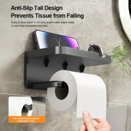 CLEFFNS Adhesive Wall Toilet Paper Box With Storage Shelf, No Drill Wall Mount Roll Tissue Holder For Bathroom, Black - thumbnail 6