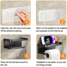 CLEFFNS Adhesive Wall Toilet Paper Box With Storage Shelf, No Drill Wall Mount Roll Tissue Holder For Bathroom, Black - thumbnail 7