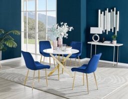 Furniturebox Novara White High Gloss 100Cm Round Dining Table With Gold Starburst Legs & 4 Navy Pesaro Velvet Chairs - thumbnail 1