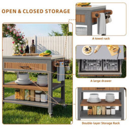 Btm Garden Cabinet With Wheels And Stainless Steel Worktop, Mobile Bbq Station With Drawer, Shelves And Towel Rack - thumbnail 7