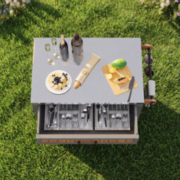 Btm Garden Cabinet With Wheels And Stainless Steel Worktop, Mobile Bbq Station With Drawer, Shelves And Towel Rack - thumbnail 3