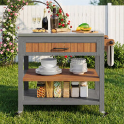 Btm Garden Cabinet With Wheels And Stainless Steel Worktop, Mobile Bbq Station With Drawer, Shelves And Towel Rack - thumbnail 2